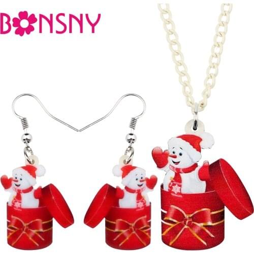 Bonsny Acrylic Christmas Sweet Bow-knot Gift Box Snowman Jewelry Set Necklace Earrings Festival Jewelry Lady Teen Girl Gift2019