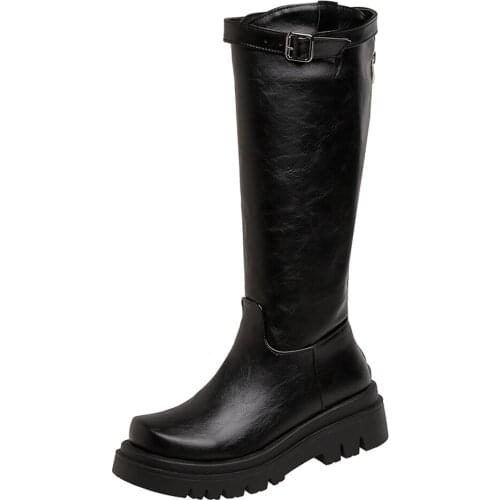 2020 Autumn And Winter Retro Boots Square Toe Inner Heightened Platform Knee-Length Boots Side Zipper Belt Buckle PU Rider Boot