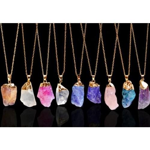 Multicolored Natural Crystal Irregular Raw Stone Gold Border Single Ring Necklace Sweater Chain Accessories for Men and Women