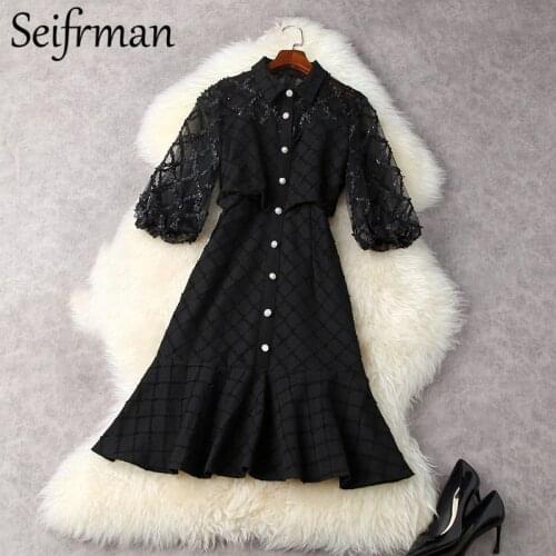 Seifrmann Summer Women Fashion Runway Party Mermaid Dress Lantern Sleeve Gorgeous Sequined Black Print Ladies Midi Dresses 2021