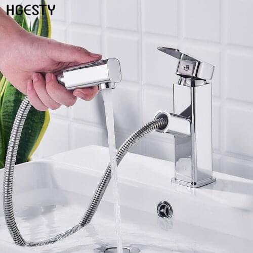 Bathroom Basin Faucet Copper Pull Out Sink Faucet Square Hot Cold Water Mixer Crane Single Hole Wash Basin Faucet Deck Mounted