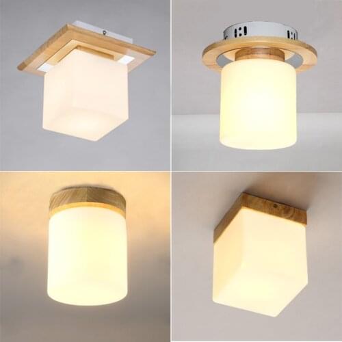 Modern Round Cube Led Ceiling Light Fixtures for Balcony Corridor Home Wooden Lights Glass Lamp Luminaire E27 Japanese Luster
