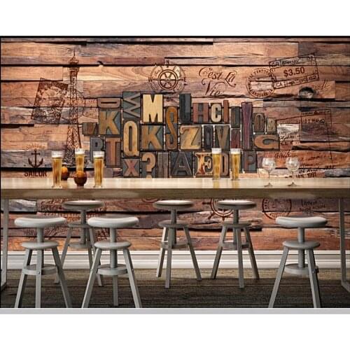 Stylish wooden board stereo English alphabet bar restaurant 3d wallpaper papel de parede,living room tv sofa wall bedroom mural