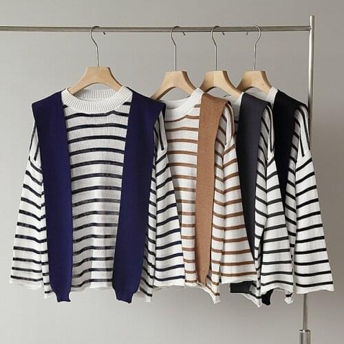2021 New Autumn Korean Academic Style Round Neck Striped Long-Sleeve Knitwear Top + Solid Color Shawl Two-Piece Set