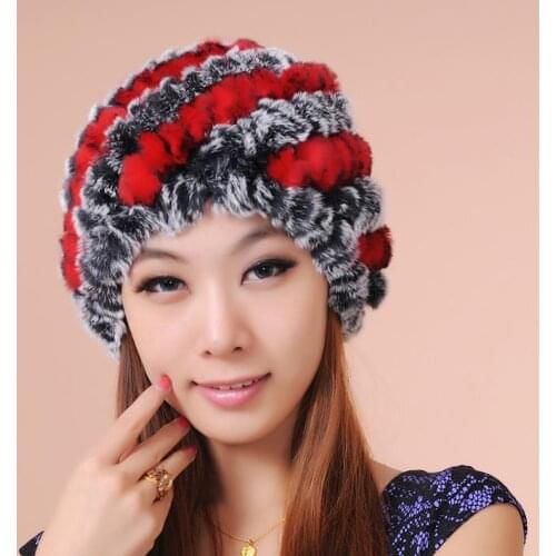 Women Autumn Striped Stretch Knit Thick Rabbit Fur Skullies & Beanies Hats Lady Oversized Winter Warm Ear Protection Fur Cap