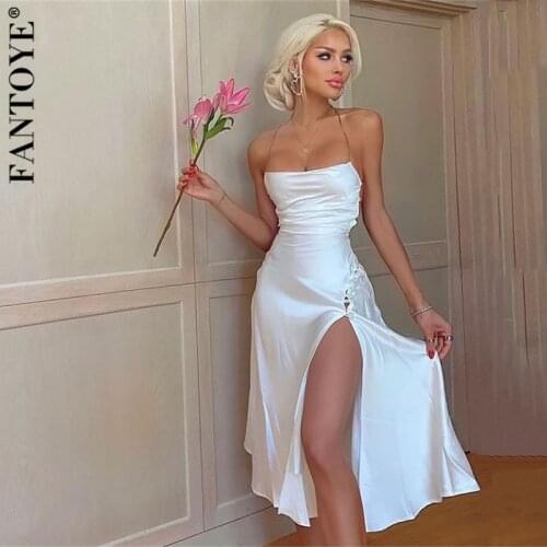 Fantoye Backless Bandage High Split Women Dress White Sleeveless Spaghetti Strap Ladies Dresses Summer Slim Party wear Vestidos
