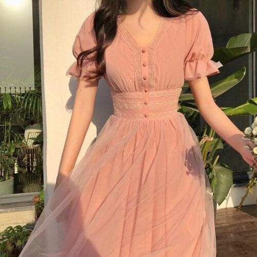 Summer Mesh Dress Women Puff Sleeve V-neck A-line Slim Korean Style Mesh Retro Dress Elegant Vintage Female Vestidos