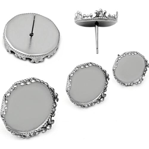 20pcs New Listing DIY Stainless Steel Inner Diameter 12MM-15MM-20MM Crown Blank Ear Pin Jewelry Accessories Wholesale