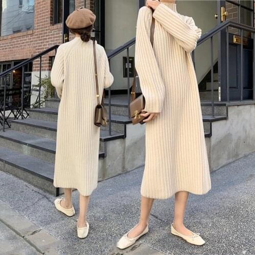 2021 Early Autumn and Winter Loose Mid-length Over-the-knee Half-high Collar Base Sweater Dress