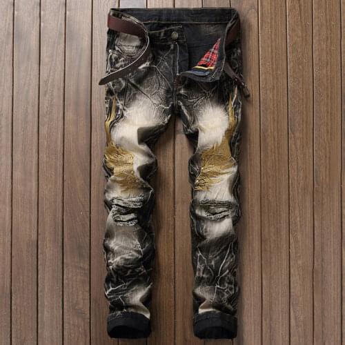 2021 AUTUMN Spring Mens Ripped Street HIP HOP Punk Stretch Bike Jeans Trendy Holes Straight Denim Trouers
