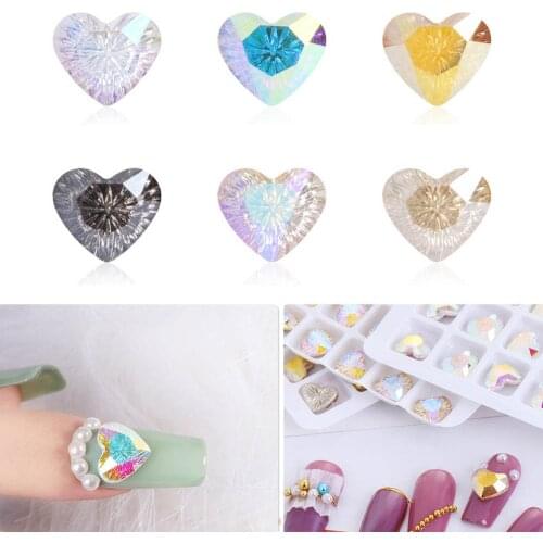 6PCS Curved Bottom Large Crystal 3D Nail Rhinestones Nail Charms Love Heart Shape Diamond Bling Big Nail Crystal Gem Stone DIY