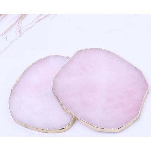 9cm Wholesale 1pcs Natural Rose Quartz Coaster Hexagon Crystal Platter Electroplated Gold Color Jewelry for Cup Mat Display