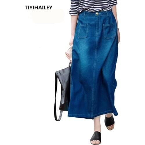 TIYIHAILEY Free Shipping Fashion Long Casual Denim Skirt Spring A-line Plus Size S-2XL Long Maxi Skirts For Women Jeans Skirts
