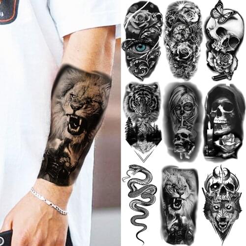 Black Lion Knight Temporary Tattoos For Women Men Snake Tiger Eye Flower Vampire Skull Wolf Fake Tattoo Sticker Arm Leg Tatoos