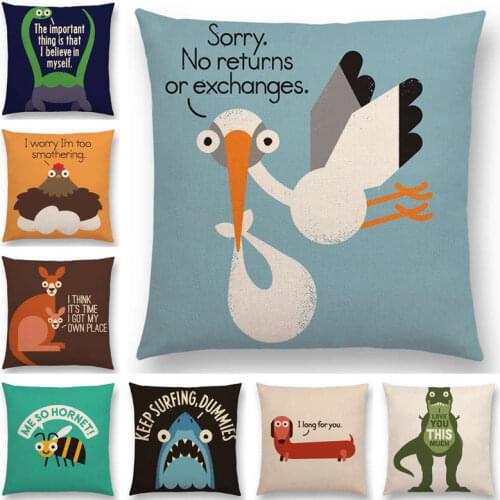 Funny Cartoon Animals Sofa Pillowcase Dinosaur Kangaroo Bee Dachshund Shark Decorative Letters Cushion Cover