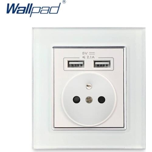 EU French Socket With 2 Usb Socket Port Charger 5V 2100mA White Glass Panel Wallpad Luxury Wall Double USB Electric Power Outlet
