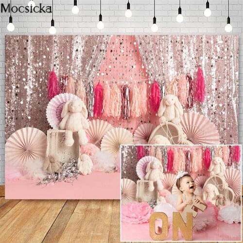 Girl 1st Birthday Cake Smash Photography Backdrops Pink Paper Flowers Bunny Decorations Photo Props Studio Booth Background