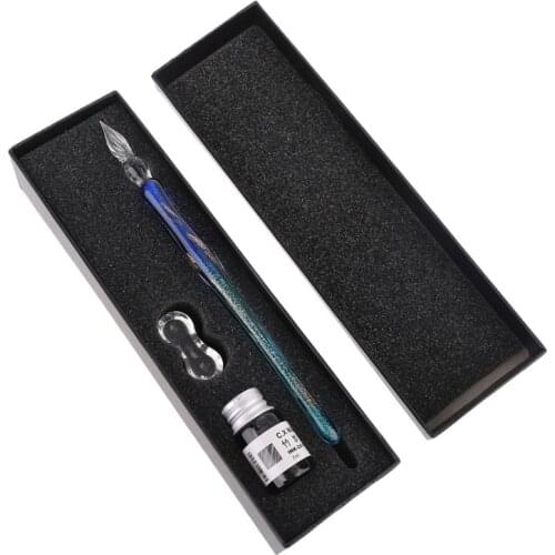Gradient Starry Sky Glass Fountain Dip Pen Holder Signature Ink Calligraphy Box 24BB