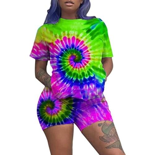 Newest Arrival Women Outfits 2 Piece Set Summer Casual Color Tie Dye Short Sleeve T-shirt + Shorts Set Sports Suits Outfits