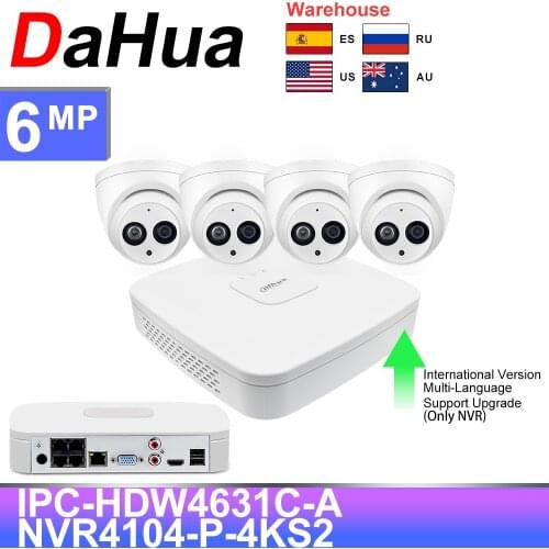 Dahua CCTV kit 6MP 4CH POE NVR4104-P-4KS2 IPC-HDB4631C-A Built-in microphone APP Surveillance Security Camera System