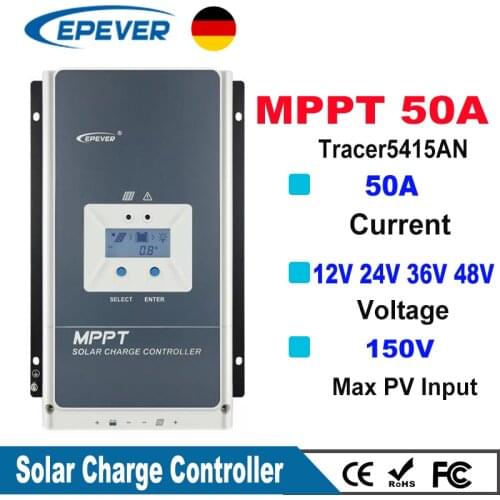 EPever MPPT 50A Solar Charge Controller 12V 24V 36V 48V Backlight LCD for Max 200V PV Input Real time Recording 5415AN 5420AN