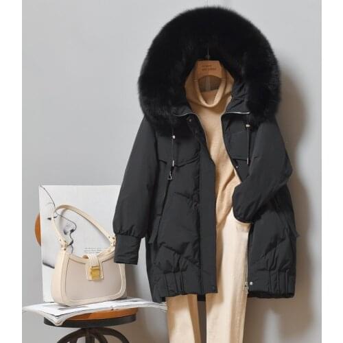 2021 New Winter White Duck Down Coat Large Real Fox Fur Hooded Black Down Jacket Mid-length Loose Thick Warm Women Snow Outwear
