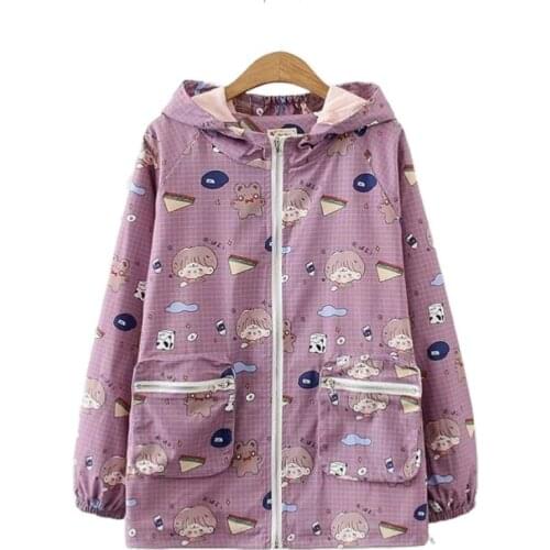 Cartoon Bear Print Hooded Women Jackets 2021 Autumn Zipper Long Sleeve Casual Jacket Sweet Style Ladies Harakuju Pocket Outwears