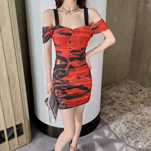 Summer French Vintage Sexy Strap Slash Neck Mini Party Club Dress Ladies OL Elegant Coffee Break Mesh Folds Beach Vacation Dress