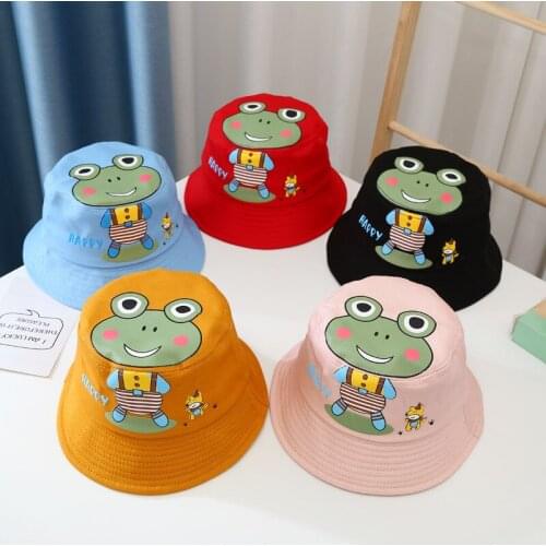 Summer thin childrens cute fisherman hat boys and girls cartoon smiley frog hat outdoor leisure sun hat printing fisherman hat