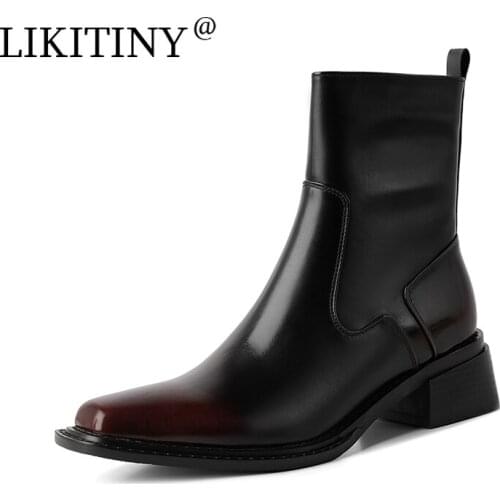 NEW LIKITINY 2021 Spring Autumn Womens shoes Burgundy Sexy Elegant Genuine Leather Square Head Zipper 4cm Heels Short Boots