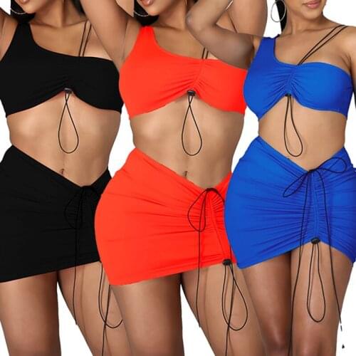 OMSJ Summer Sets For Women 2021 One Shoulder Tube Top And Pleated Mini Skirt Drawstring Solid Color Matching Set Casual Outfits