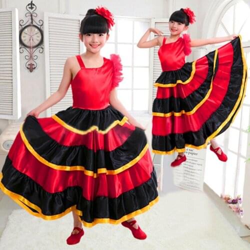 Girls Spanish Flamenco Dress Long Spain Flamengo Skirt Kids Children Bullfight Dresses Belly Ballroom Stage Dance Costume DL5146