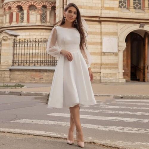 Simple O-Neck Wedding Dress 2021 Stain Full Organza Sleeve Ankle-Length Bride Gown Cheap Hot Sale A-Line Robe De Mariée Elegant