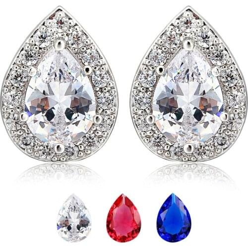 White Gold Color Pear Teardrop Blue / Red Crystal W/ CZ Zircon Accent Stud Earrings for Women Luxury Jewelry Brinco bijoux Aros