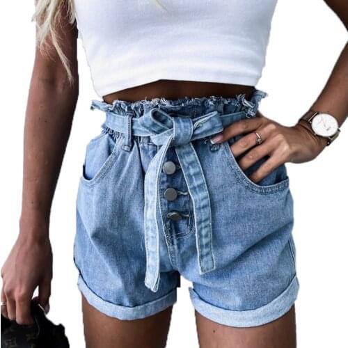 Women Fashion Sexy Crimped Button Denim shorts With belt Vintage High Waist sexy casual Hot Short Jeans Femme Streetwear