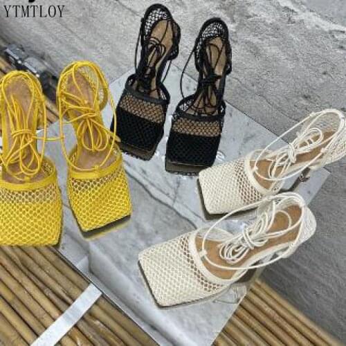 Sexy Hollow Out Mesh Women Pumps Lace Up Sandals Female Square Toe High Heel Summer Fashion Ankle Strap Ytmtloy