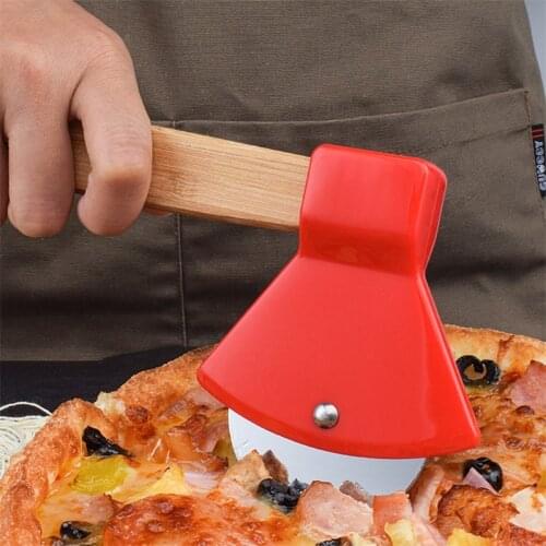 Axe Shape Pizza Cutter Bamboo Handle Stainless Steel Rotating Blade Creative Round Single Wheel Kitchen Knife Baking Tools