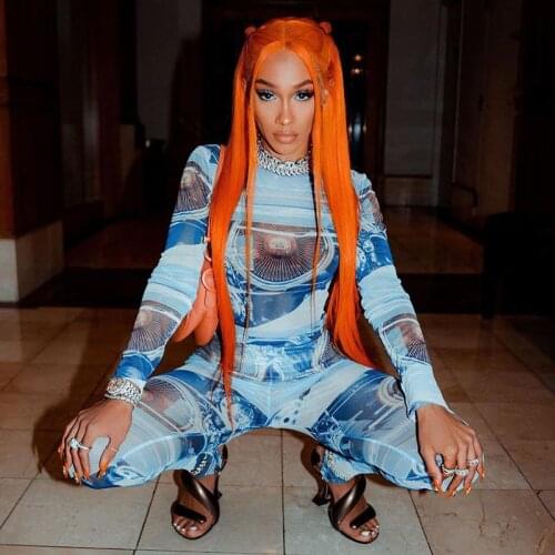 Women Stretchy Two Piece Set Long Sleeve O Neck Print Bodysuit + High Waist Skinny Legging Pants 2021 Summer Casual Party Outfit