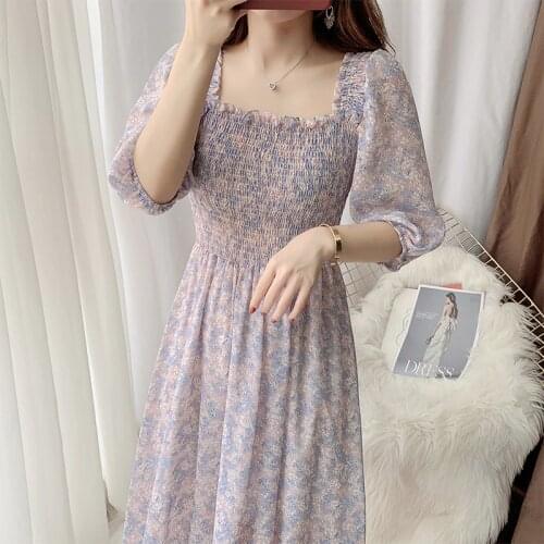 Puff Sleeve Floral Dress Women Summer 2021 Square Collar Chiffon Dress A-Line Fashion Print Dresses Plus Size Elegant Robe 15228