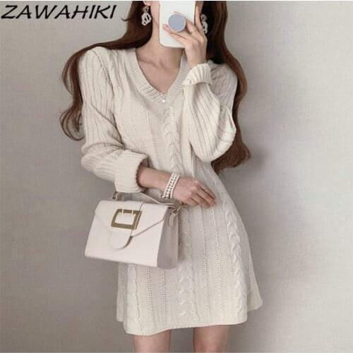 ZAWAHIKI Solid Feme Robe Korean Chic Autumn Temperament Twist V-neck Long Sleeve Knitted Dress Female Slim A-line Dresses