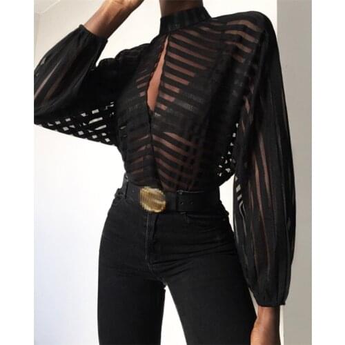 Sexy Mesh See Through Lantern Long Sleeve Blouse Tops 2019 Summer Women black Stripe Turtleneck Slim Blouse Top Harajuku