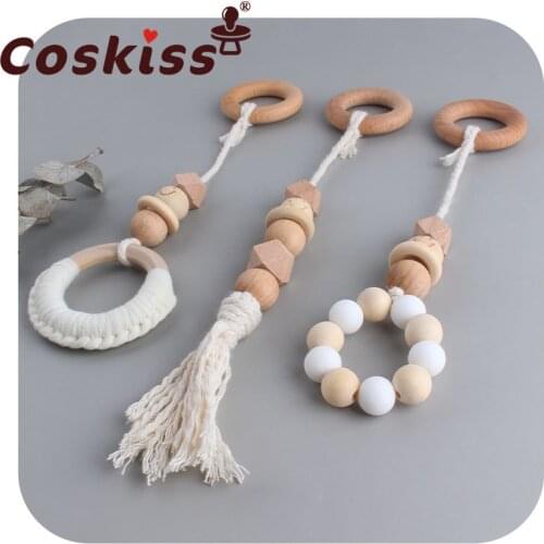 Coskiss Baby Creative Beech Wood Toy Teether New Hand-Woven Cotton Rope Molar Stick Shape Pacifier Wooden Teether Newborn