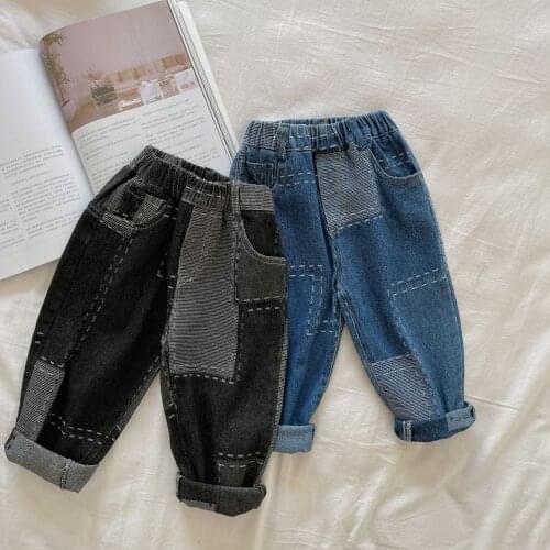 Childrens Jeans 2021 Autumn New Girls and Boys Personality Line Patchwork Color Jeans Casual Pants