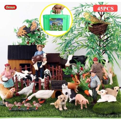 Oenux 45PCS Zoo Farm Model Action Figures Farmer Cow Hen Poultry Animals Figurine Miniature Lovely Toy For Kids Birthday Gift