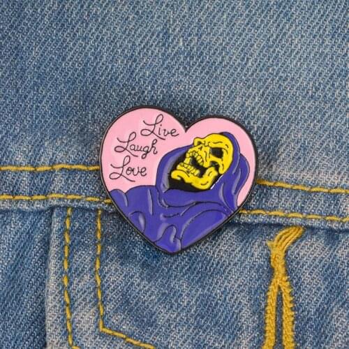 Cartoon Live Laugh Love enamel pin Heart shape Skeleton Badge Brooch shirt bag accessories Gothic Jewelry Gifts for friends kids