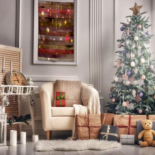 Tapestry Golden Stars Baubles Hanging In Front Of Wooden Wall Holiday Celebration Festive Theme Yellow Red Brown