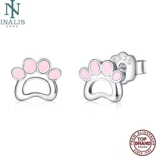 INALIS S925 Sterling Silver Pink Epoxy Earrings For Women Hollow Cute Puppy Footprint Stud Earring Charming Dating Jewelry