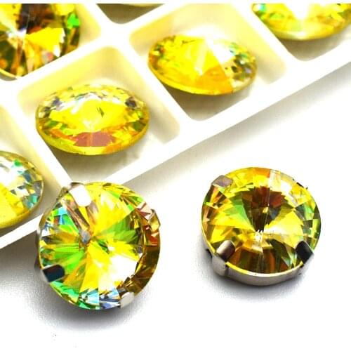 Artificial Glass Crystal Diamond Laser Yellow Color Round Sew On Rhinestones With Silver Hollow Frame DIY Clothing Accessories