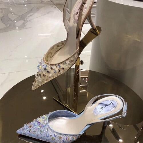 Summer new style stiletto high-heeled mesh bridesmaid pointed toe wedding shoes banquet dress rhinestone flat female sandals
