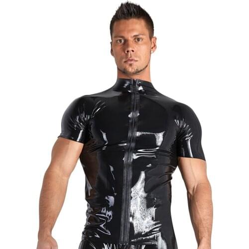 Zipper Open Wetlook Patent Leather Slim Mens Sexy T shirts Punk Sexy PVC Shiny Tee Top Shirts Black Stretch T-shirts For Women